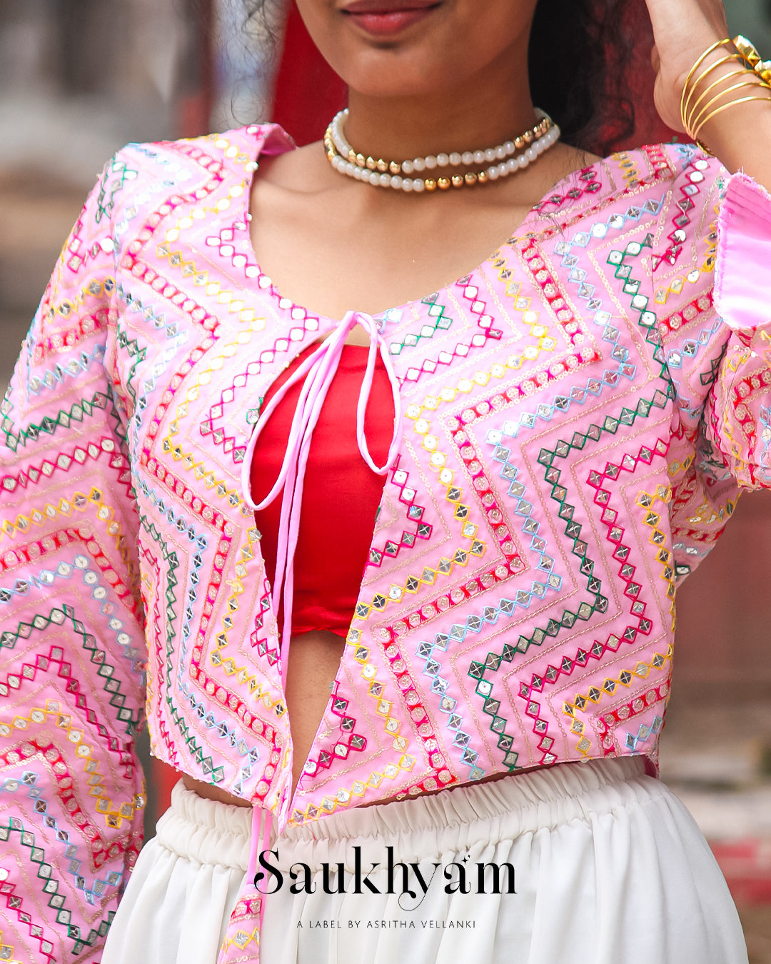 Pink Embroidered Crop Jacket