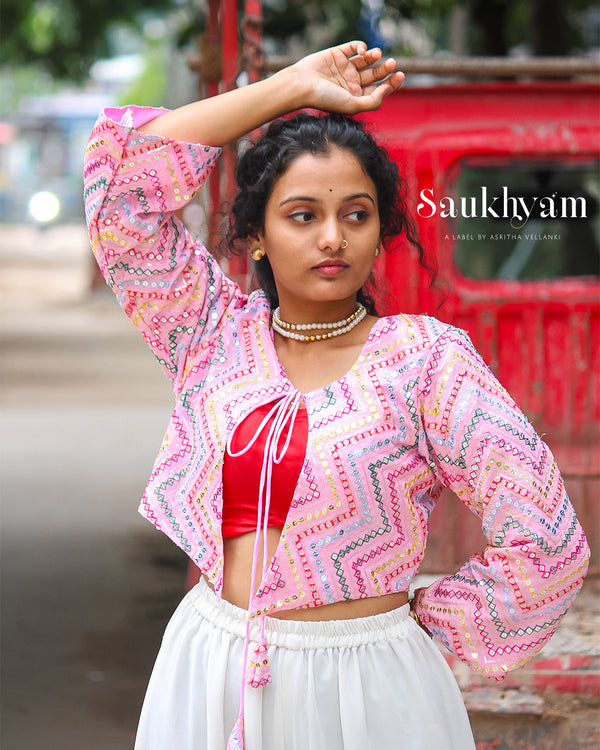 Pink Embroidered Crop Jacket