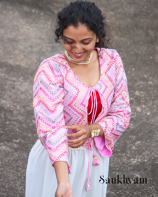 Pink Embroidered Crop Jacket